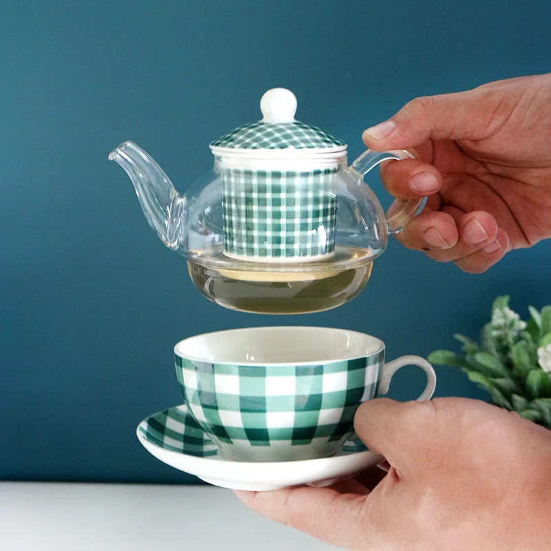 

Керамический чай для одного набора, стеклянный чайник в клетку, красивое блюдцо из фарфора, чайная чашка, инфузор из нержавеющей стали, чайн...