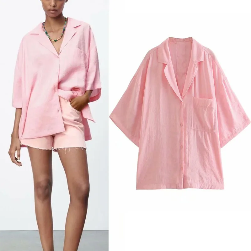 pink short sleeve lady shirt za 2021lapel Lenient cuff Single-breasted behind adjustable Front pocket shirt casual fashion shirt 
pink short sleeve lady shirt za 2021lapel Lenient cuff Single-breasted behind adjustable Front pocket shirt casual fashion shirt