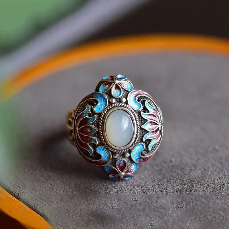Old Beijing Handmade Cloisonne Blue Craft Sterling Silver S925 Silver Inlaid Hetian Jade Ring Women's Ethnic Style Jewelry
Old Beijing Handmade Cloisonne Blue Craft Sterling Silver S925 Silver Inlaid Hetian Jade Ring Women's Ethnic Style Jewelry