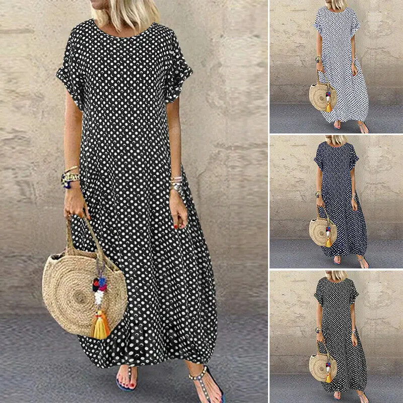 2021 Women Sundress Vintage O-Neck Long Maxi Dress Female Casual Dot Pinted Summer Dress Beach Boho Dresses Vestidos Robe
2021 Women Sundress Vintage O-Neck Long Maxi Dress Female Casual Dot Pinted Summer Dress Beach Boho Dresses Vestidos Robe