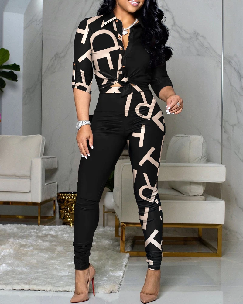 

2PCS Women Letter Print Colorblock Knot Front Buttoned Top & High Waist Pants Set Autumn Streetwear Womens Two Piece Suit Office