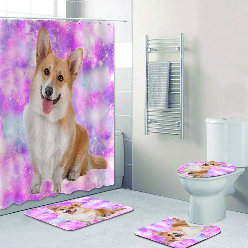 

Magical Colorful Rainbow Corgi Shower Curtain and Rug Set Fantasy Cute Corgi Dog Animal Pet Puppy Bathroom Decor for Dog Dad Mom
