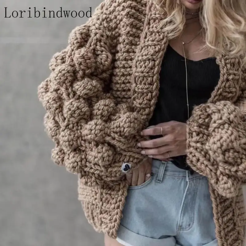 

2020Solid Crocheted Lantern Sleeve Cardigans Women Candy Color Oversiezd Knitted Sweater Winter Tops for Women Knitwear