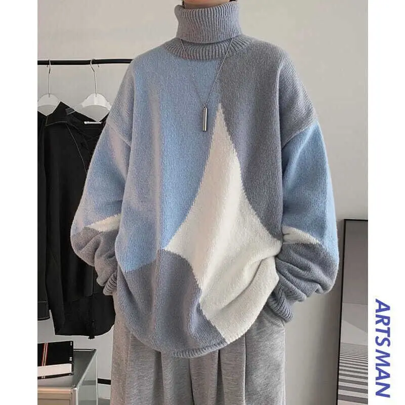 High neck sweater men's autumn and winter trend color blocking thickened sweater Korean version versatile loose
High neck sweater men's autumn and winter trend color blocking thickened sweater Korean version versatile loose