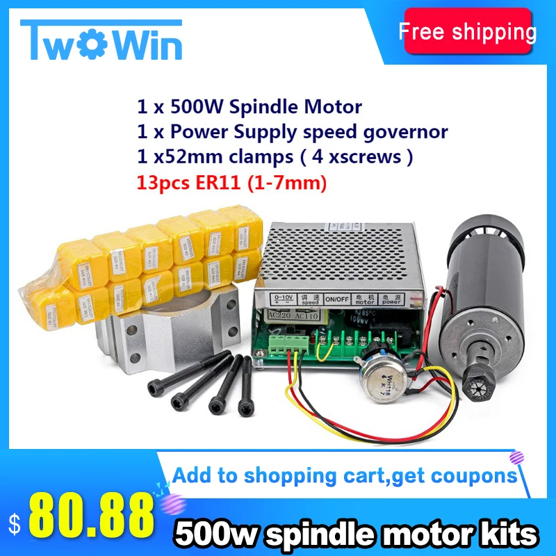 

CNC Spindle Motor 0.5kw Air Cooled Spindel ER11 Chuck 500W + 52mm Clamp + Power Supply Speed Governor For PCB Engraving