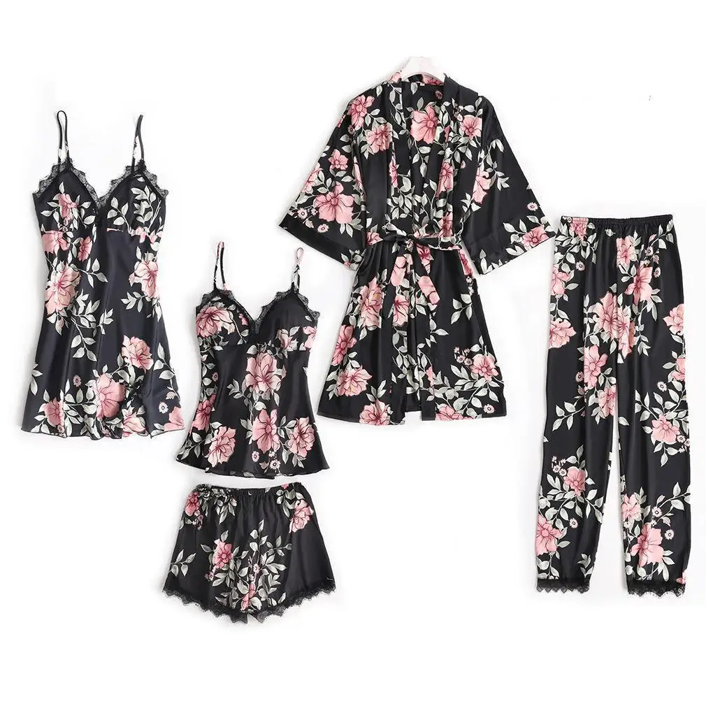 Lady Print Flower 5PCS Pajamas Set Robe Gown Satin Sleepwear Nightwear Sexy Lace Nightgown Nightdress Intimate Lingerie Homewear
Lady Print Flower 5PCS Pajamas Set Robe Gown Satin Sleepwear Nightwear Sexy Lace Nightgown Nightdress Intimate Lingerie Homewear