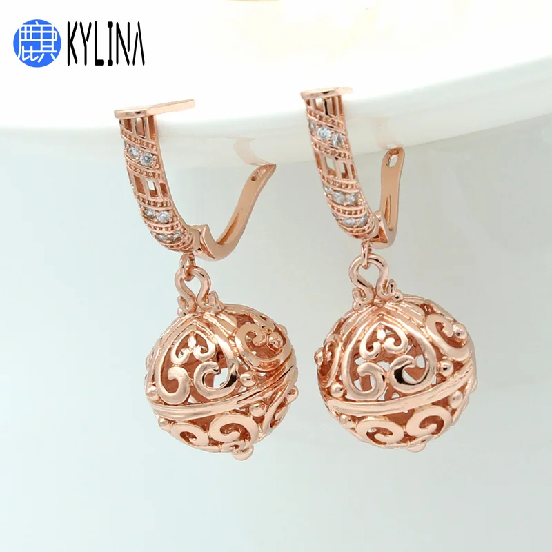 KYLINA 585 Rose Gold Large Vintage Ethnic Hollow Ball Dangle Earrings For Women Girl Wedding Party Fine Anti-allergy Jewelry | Украшения и