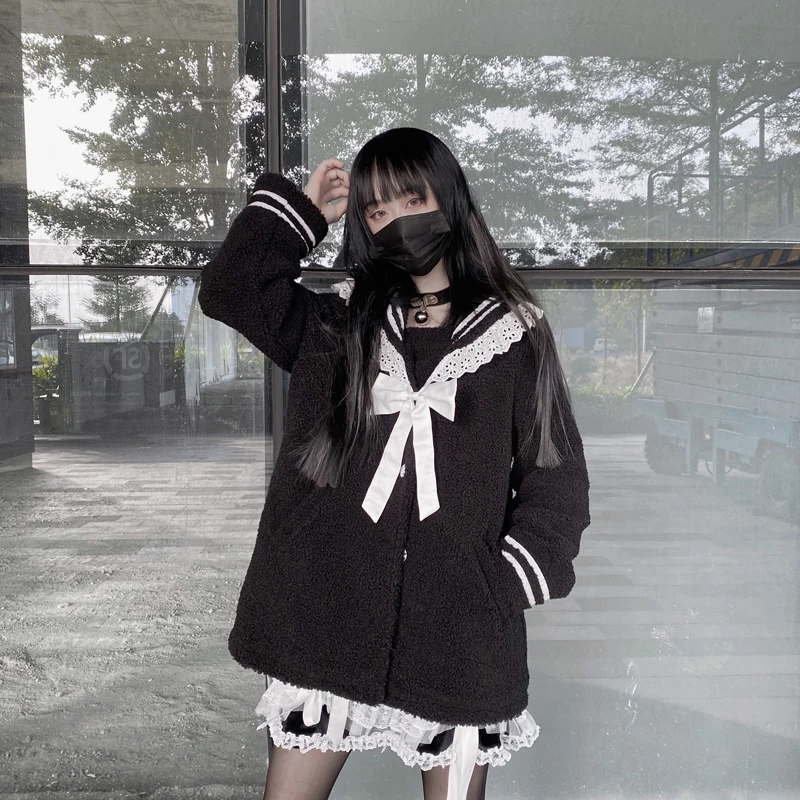 Ruibbit Harajuku милое пальто из овечьей шерсти на осень и зиму женское готическое