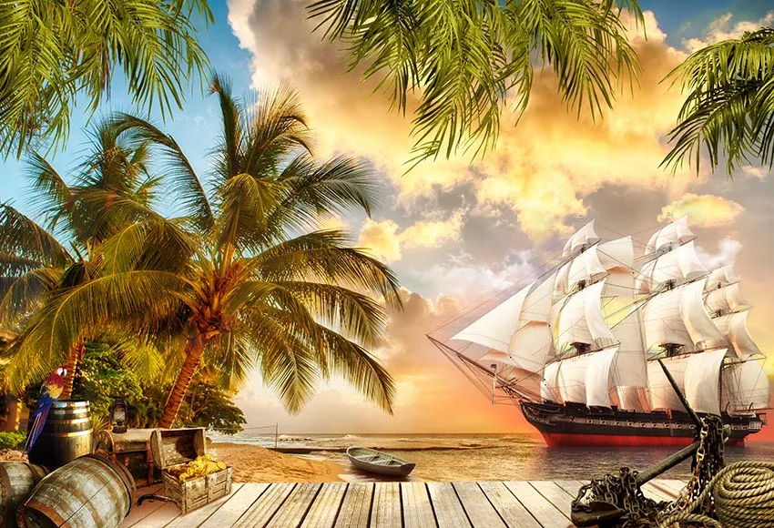 

7x5ft Pirate Ship Sea Beach Palm Tree Sunset Custom Photo Studio Background Backdrop Vinyl 220cm x 150cm