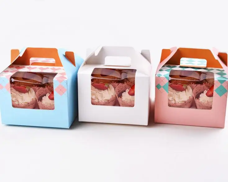 

3 вида цветов из бумаги для кексов коробка с окном 4 отверстия для торта Muffin упаковочные коробки, свадьба, день рождения печенья Подарочная упаковка ручка SN2730
