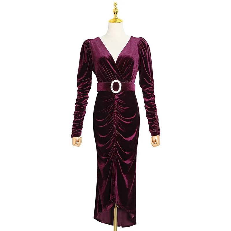 New tide brand bubble long sleeve v-neck slim waist pleated front split velvet dress for women
New tide brand bubble long sleeve v-neck slim waist pleated front split velvet dress for women