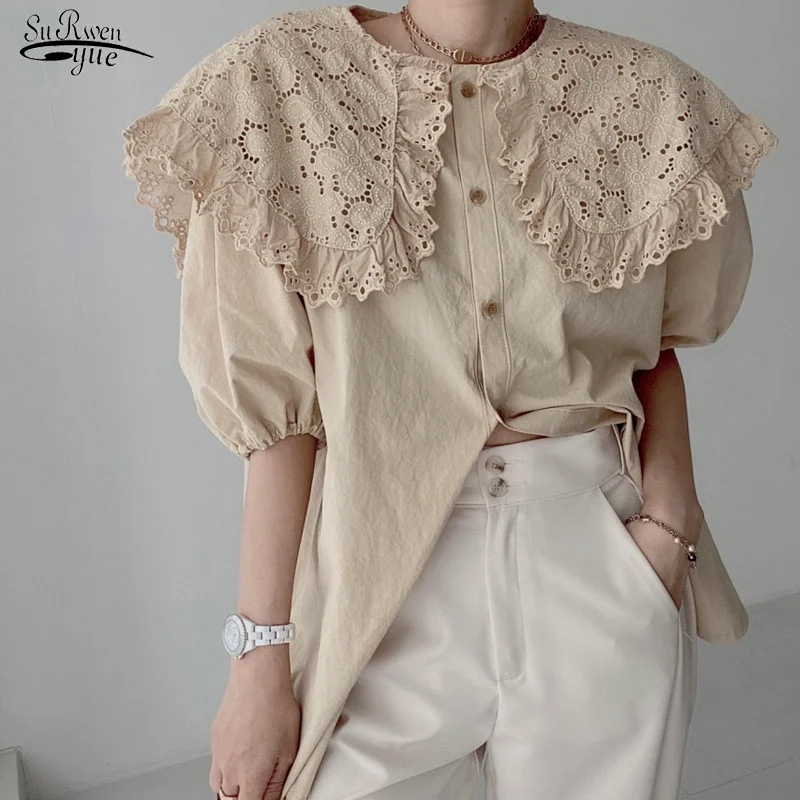 

Женская однотонная блузка с большими лацканами, однобортная Свободная рубашка с короткими рукавами, лето 2022
