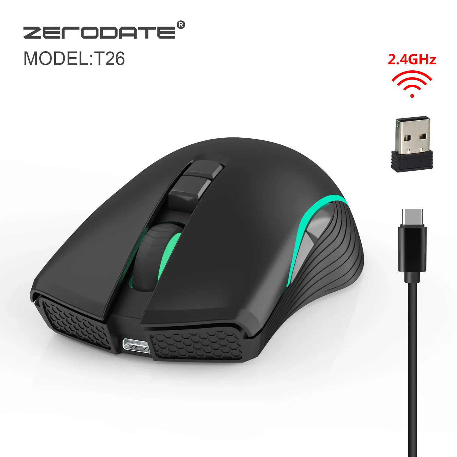 Беспроводная мышь T26 2 4G с зарядным портом игровая 7 клавишами цветная блестящая