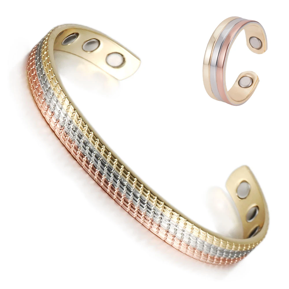 Healthy Magnetic Silver Gold Color Tri Tone Copper Ring Bracelet Set for Arthritis Women Adjustable 
Healthy Magnetic Silver Gold Color Tri Tone Copper Ring Bracelet Set for Arthritis Women Adjustable