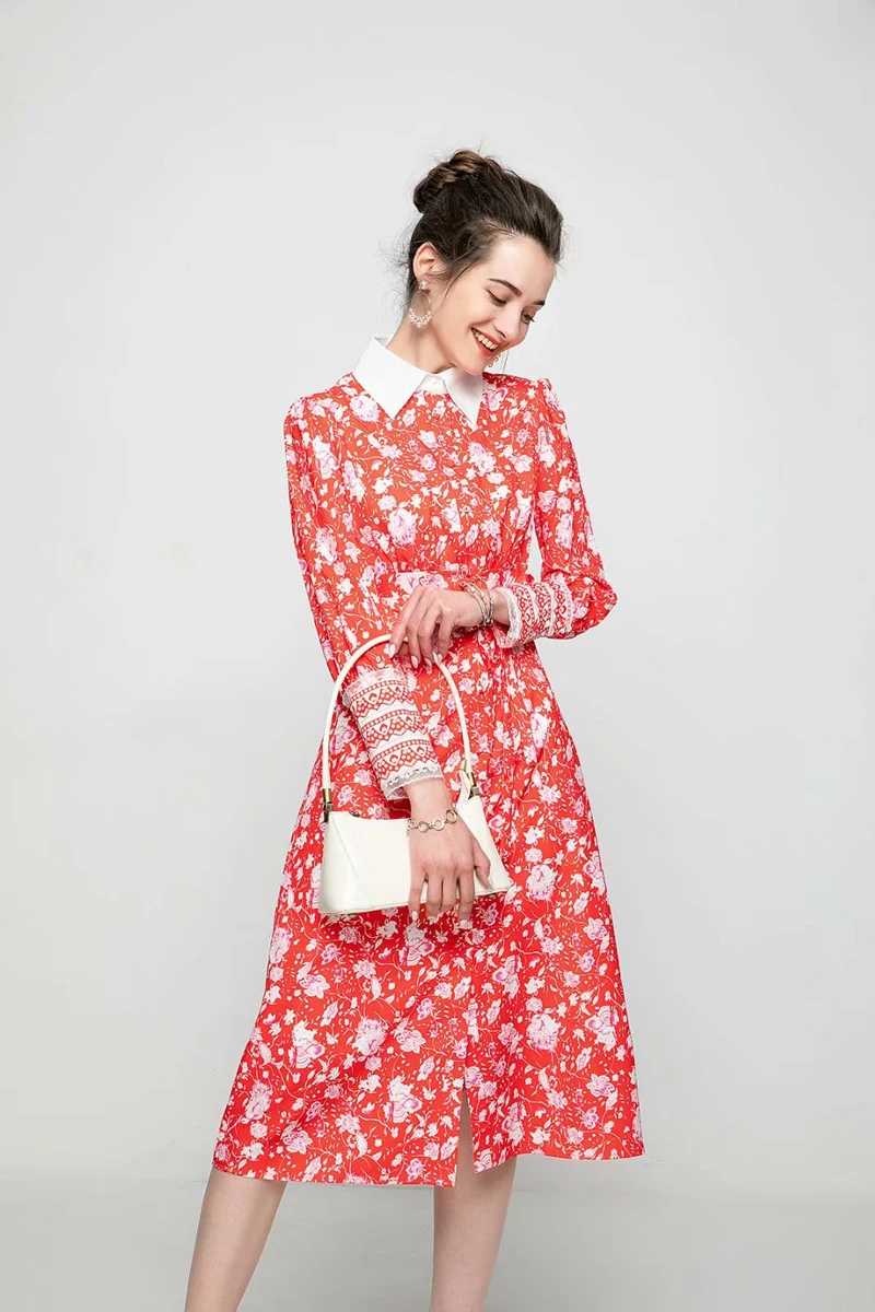 2021 spring and summer new women's floral mid-length lapel dress red print single-breasted long-sleeved dress
2021 spring and summer new women's floral mid-length lapel dress red print single-breasted long-sleeved dress
