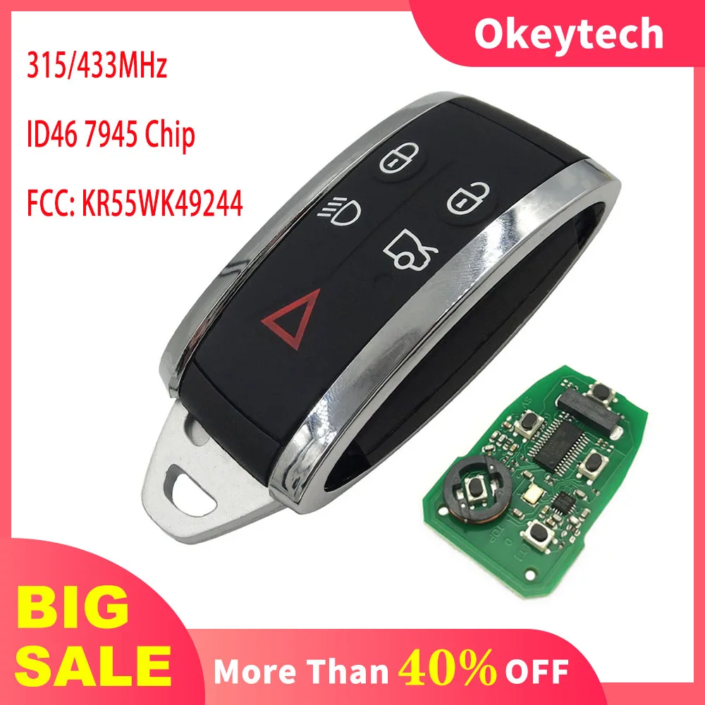OkeyTech 5 кнопок 315/433 МГц БЕСКЛЮЧЕВОЙ вход Автомобильный ключ Remte для Jaguar XF XFR XK XKR 2009-2013 ID46 7945 чип FCC: KR55WK49244
OkeyTech 5 кнопок 315/433 МГц БЕСКЛЮЧЕВОЙ вход Автомобильный ключ Remte для Jaguar XF XFR XK XKR 2009-2013 ID46 7945 чип FCC: KR55WK49244