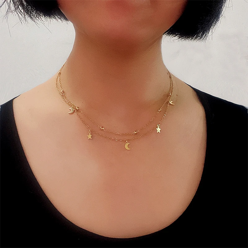 Multilayer Stainless Steel Endant Women Gold Silver Color Beads Moon Star Horn Crescent Double Chain Choker Layered Necklaces 
Multilayer Stainless Steel Endant Women Gold Silver Color Beads Moon Star Horn Crescent Double Chain Choker Layered Necklaces