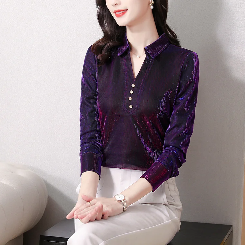 #9202 Green Gold Purple Formal Shiny Mesh Blouse Women Lapel Collar Elegant Office Blouse Shirt Female Slim Buttons Sexy M-4XL
#9202 Green Gold Purple Formal Shiny Mesh Blouse Women Lapel Collar Elegant Office Blouse Shirt Female Slim Buttons Sexy M-4XL