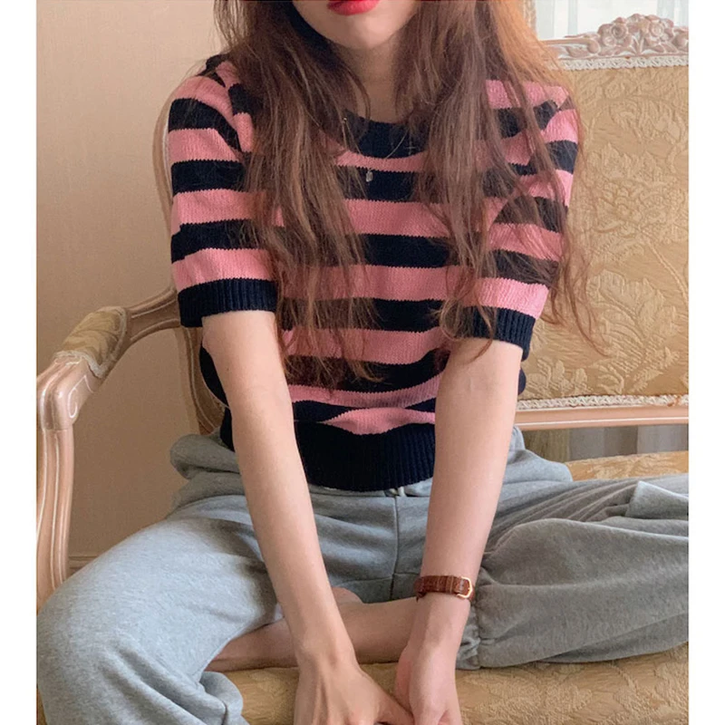 Kimotimo Vintage Striped Sweater Women Summer Thin Color Matching Short Sleeve Knit Tops Korean Ins Fashion All-match Pullovers
Kimotimo Vintage Striped Sweater Women Summer Thin Color Matching Short Sleeve Knit Tops Korean Ins Fashion All-match Pullovers