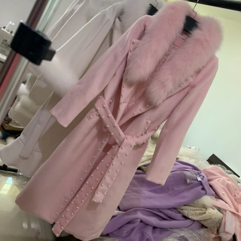 Heavy work winter Handmade beaded woolen coat women fox fur collar mid-length thick slim overcoat
Heavy work winter Handmade beaded woolen coat women fox fur collar mid-length thick slim overcoat