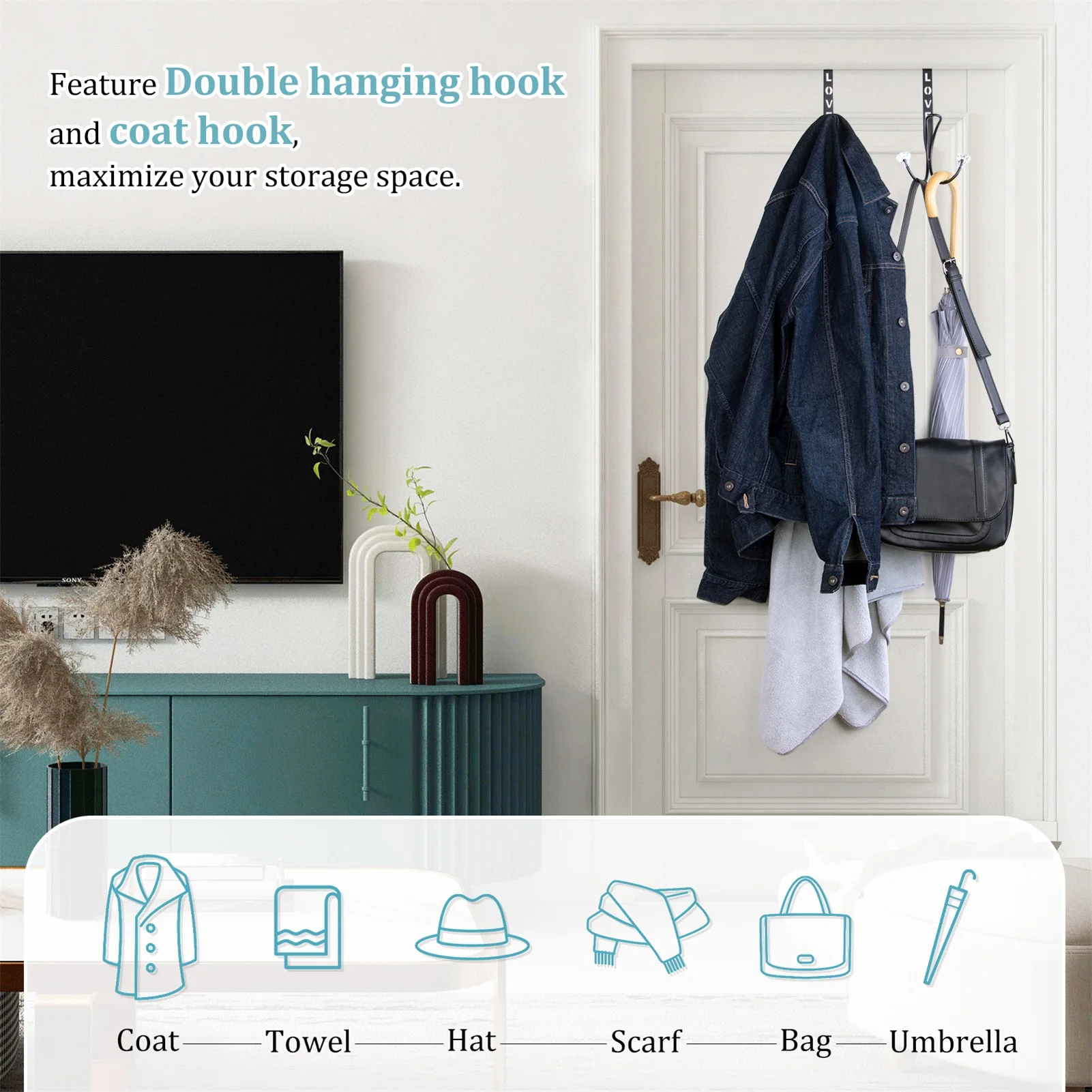 Over The Door Double Hooks - ESEOE 2 Pack Metal Twin Hooks Organizer For Hanging Clothes Coats Hats Robes Towels Silver ES-HK002
Over The Door Double Hooks - ESEOE 2 Pack Metal Twin Hooks Organizer For Hanging Clothes Coats Hats Robes Towels Silver ES-HK002