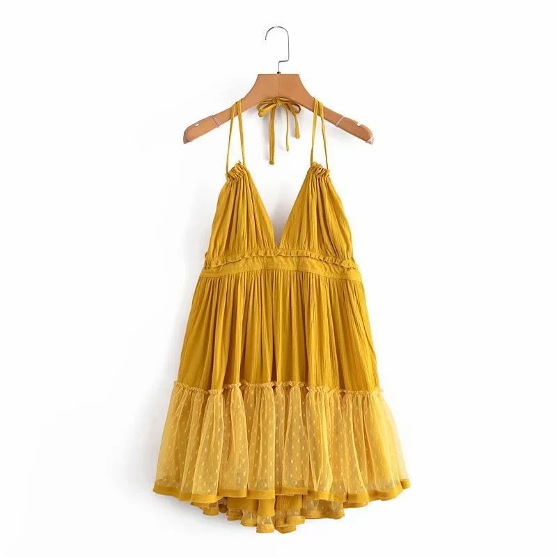 2020 summer new hanging neck open back mesh splicing sexy dress suspender skirt women
2020 summer new hanging neck open back mesh splicing sexy dress suspender skirt women