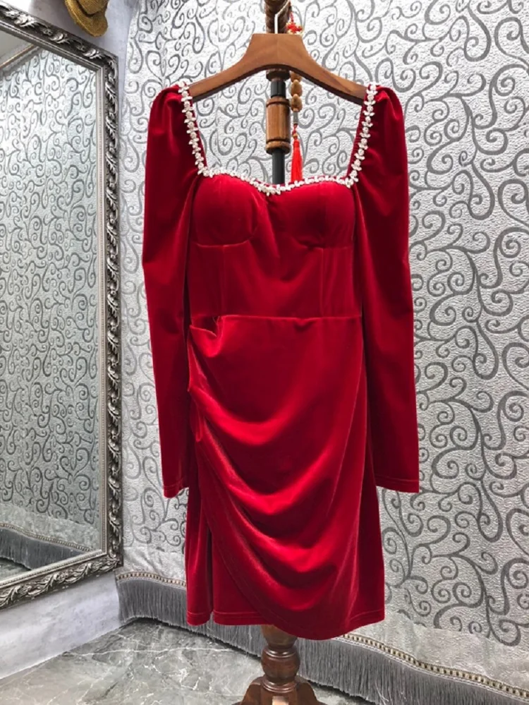 Top Quality New Autumn Winter Dress 2021 Women Sexy Square Collar Diamond Beading Long Sleeve Black Red Velvet Dress Vestidos
Top Quality New Autumn Winter Dress 2021 Women Sexy Square Collar Diamond Beading Long Sleeve Black Red Velvet Dress Vestidos