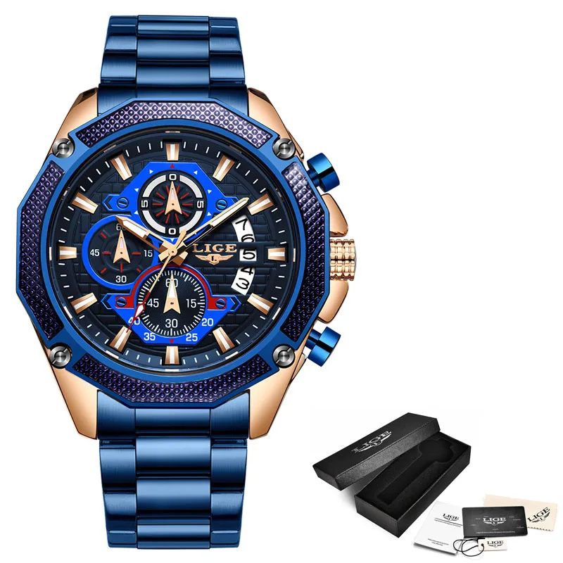 2019 LIGE new men's sports chronograph top brand luxury watch fashion business waterproof quartz large dial blue col | Наручные часы