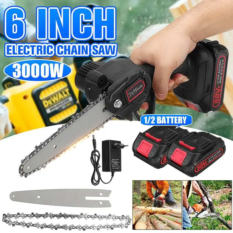 1200W 6 Inch 88V Mini Electric Chain Saw With 2Pcs Battery Woodworking Pruning ChainSaw Garden Logging Trimming Saw Power Tool
1200W 6 Inch 88V Mini Electric Chain Saw With 2Pcs Battery Woodworking Pruning ChainSaw Garden Logging Trimming Saw Power Tool