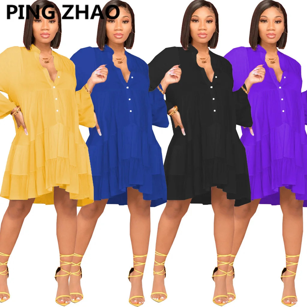 PING ZHAO Women solid Shirts Mini Dresses Flare Sleeve Loose Button Up Office Ladies Elegant Work Dress
PING ZHAO Women solid Shirts Mini Dresses Flare Sleeve Loose Button Up Office Ladies Elegant Work Dress