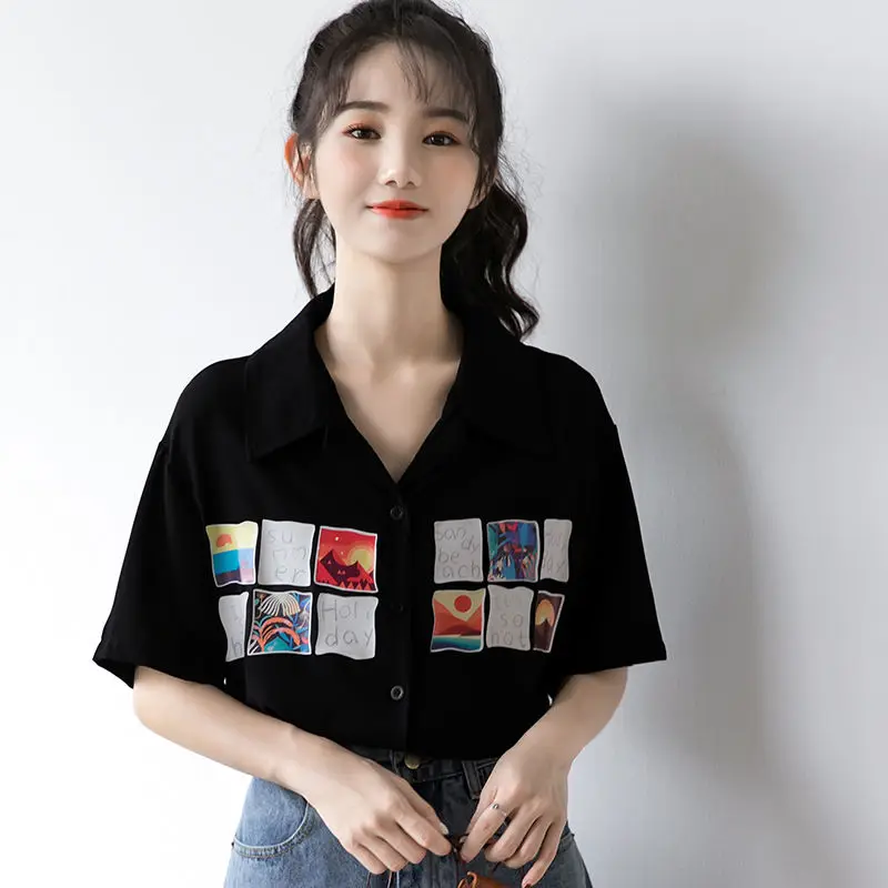 MINGLIUSILI Vintage Shirt Women Black Summer Korean Style Print Fashion Button Up Shirt Short Sleeve Loose Casual Blouses Women 
MINGLIUSILI Vintage Shirt Women Black Summer Korean Style Print Fashion Button Up Shirt Short Sleeve Loose Casual Blouses Women