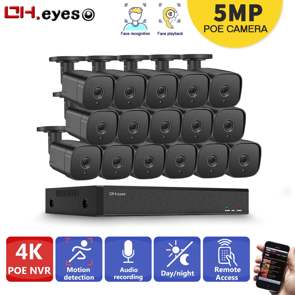 OH.Eyes H.265 5MP Audio Record POE Security Camera System 4K 8CH 16CH Security NVR With 16pcs 5MP CCTV Bullet Cameras
OH.Eyes H.265 5MP Audio Record POE Security Camera System 4K 8CH 16CH Security NVR With 16pcs 5MP CCTV Bullet Cameras