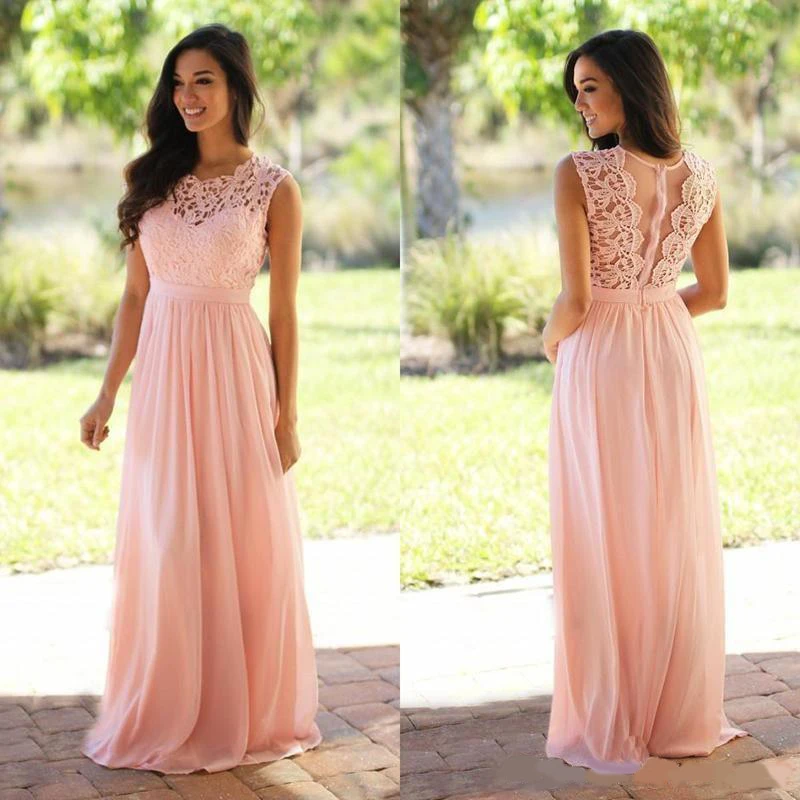 

2020 Blush Pink Bridesmaid Dresses Bohemian Jewel Cap Sleeves Floor Length Long Chiffon Beach Garden Wedding Guest Maid Of Honor