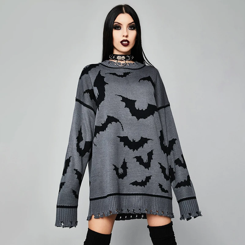 Autumn Winter Fashion Women Long Knitted Sweater Round Neck Bat Pattern Casual Loose Sweater Dress Hole Gothic Streetwear
Autumn Winter Fashion Women Long Knitted Sweater Round Neck Bat Pattern Casual Loose Sweater Dress Hole Gothic Streetwear