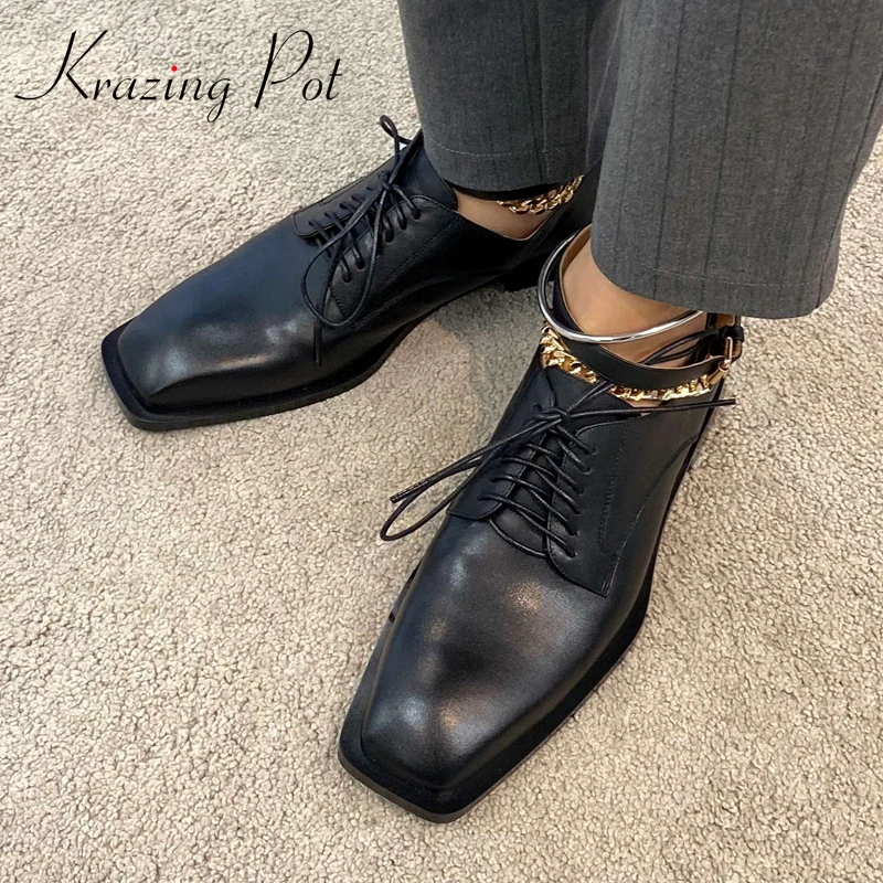 

Krazing pot full grain leather square toe low heel British style young lady streetwear handmade chain decoration women pumps L21