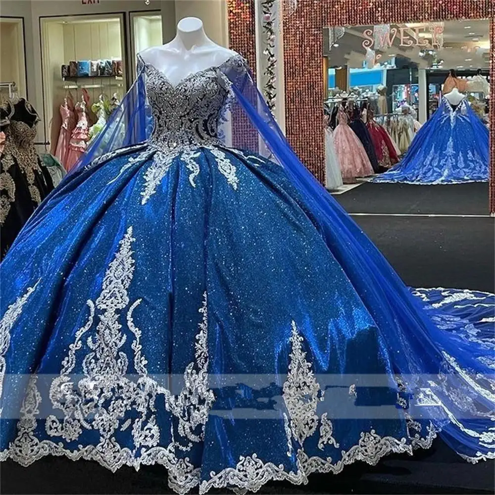 

Бальное платье Королевского синего цвета 2022, кружевное платье с бисером и накидкой, с открытыми плечами и корсетом на спине, милое платье пр...