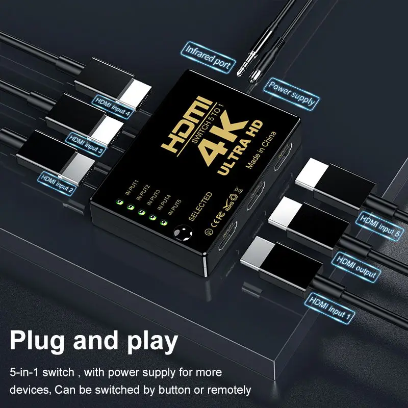 4K 5x1 HDMI коммутатор 5 портов HD переключатель видео адаптер вход 1 выход порт