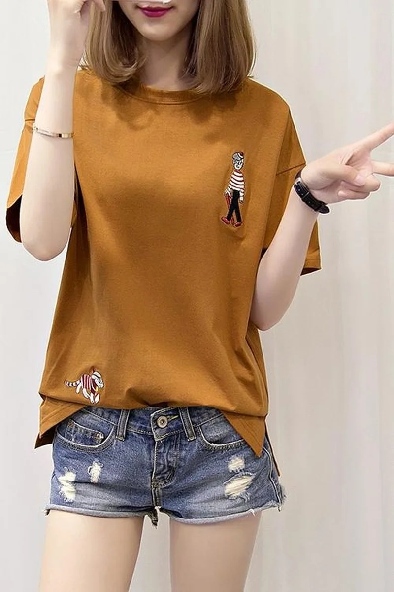 Houthion Summer Round Neck Short Sleeve Women's T-shirt New Fashion Temperament Leisure Loose All-match Cartoon Embroidered Top
Houthion Summer Round Neck Short Sleeve Women's T-shirt New Fashion Temperament Leisure Loose All-match Cartoon Embroidered Top