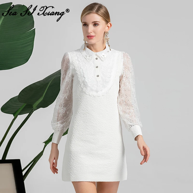Seasixiang Fashion Designer Autumn Dress Women Embroidery Turn-down Collar Mesh Lantern Sleeve Crystal Button White Party Dress
Seasixiang Fashion Designer Autumn Dress Women Embroidery Turn-down Collar Mesh Lantern Sleeve Crystal Button White Party Dress