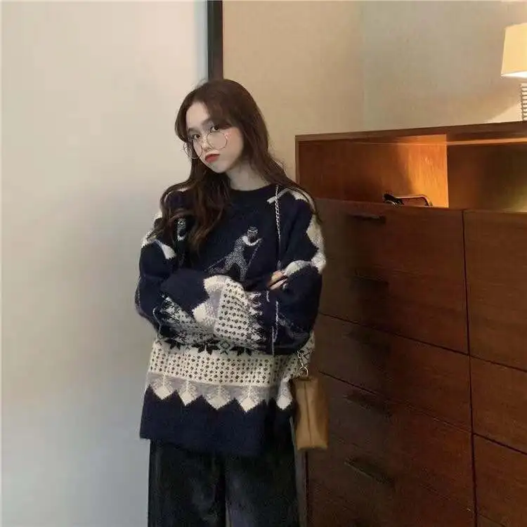 Autumn Winter Retro Pattern Pullovers Loose Oversized O-Neck Knitted Sweaters Woman Jumper
Autumn Winter Retro Pattern Pullovers Loose Oversized O-Neck Knitted Sweaters Woman Jumper