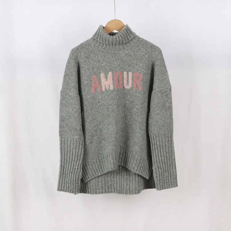 Women Gray Turtleneck Sweater 100% Cashmere Colored letters Design Short Front and Long Back Female Long Sleeve Knit Pullover
Women Gray Turtleneck Sweater 100% Cashmere Colored letters Design Short Front and Long Back Female Long Sleeve Knit Pullover