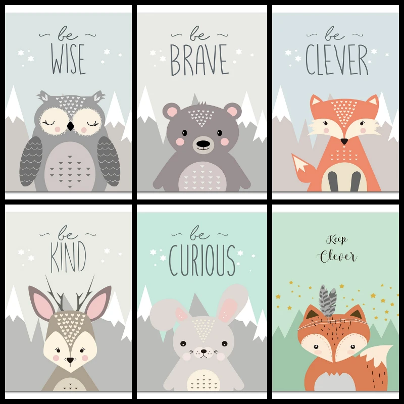 

Baby Nursery Cartoon Animal Wall Art Canvas Printing Posters and Prints Owl Bear Rabbit Deer Nordic Kids Child Room Decoration