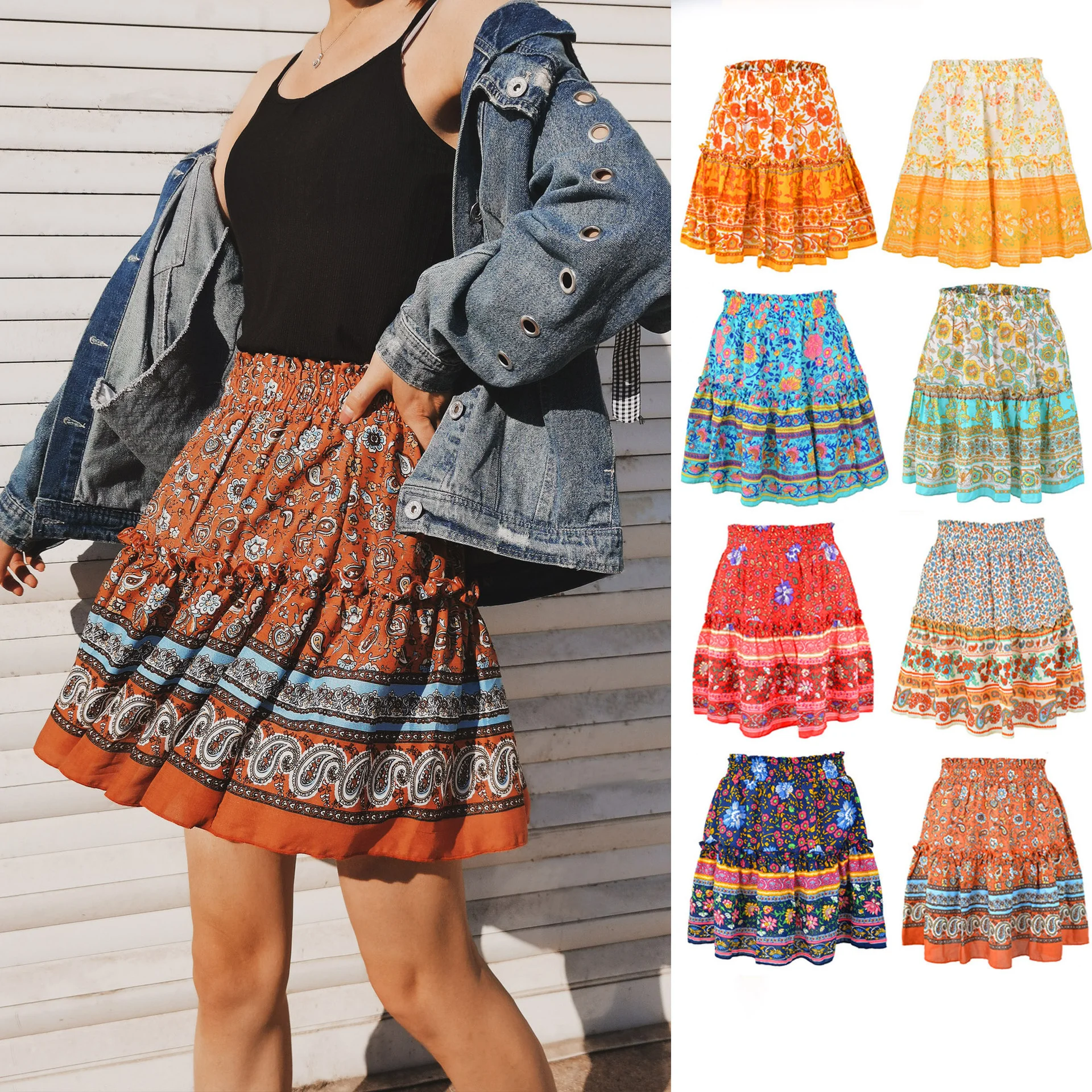 Women's skirt summer net red print short skirt Bohemian ethnic style lotus leaf skirts high waist A-line casual short skirt
Women's skirt summer net red print short skirt Bohemian ethnic style lotus leaf skirts high waist A-line casual short skirt
