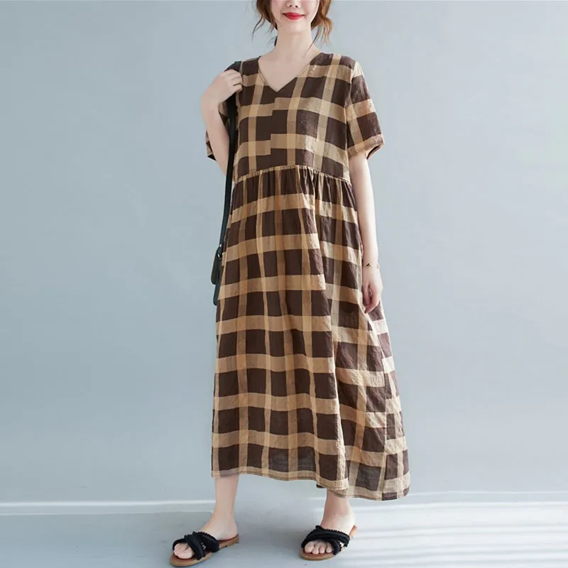 Women Cotton Linen Casual Dresses New Arrival 2021 Summer Simple Style Vintage Plaid Loose Female V-neck Long Dress S3537 
Women Cotton Linen Casual Dresses New Arrival 2021 Summer Simple Style Vintage Plaid Loose Female V-neck Long Dress S3537