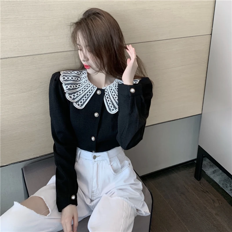 ZAWAHIKI Solid 2021 Autumn Blouses Femme Lace Peter Pan Collar Blusas Vintage Single Breasted Elegant Elegant Korean Ropa Mujer 
ZAWAHIKI Solid 2021 Autumn Blouses Femme Lace Peter Pan Collar Blusas Vintage Single Breasted Elegant Elegant Korean Ropa Mujer