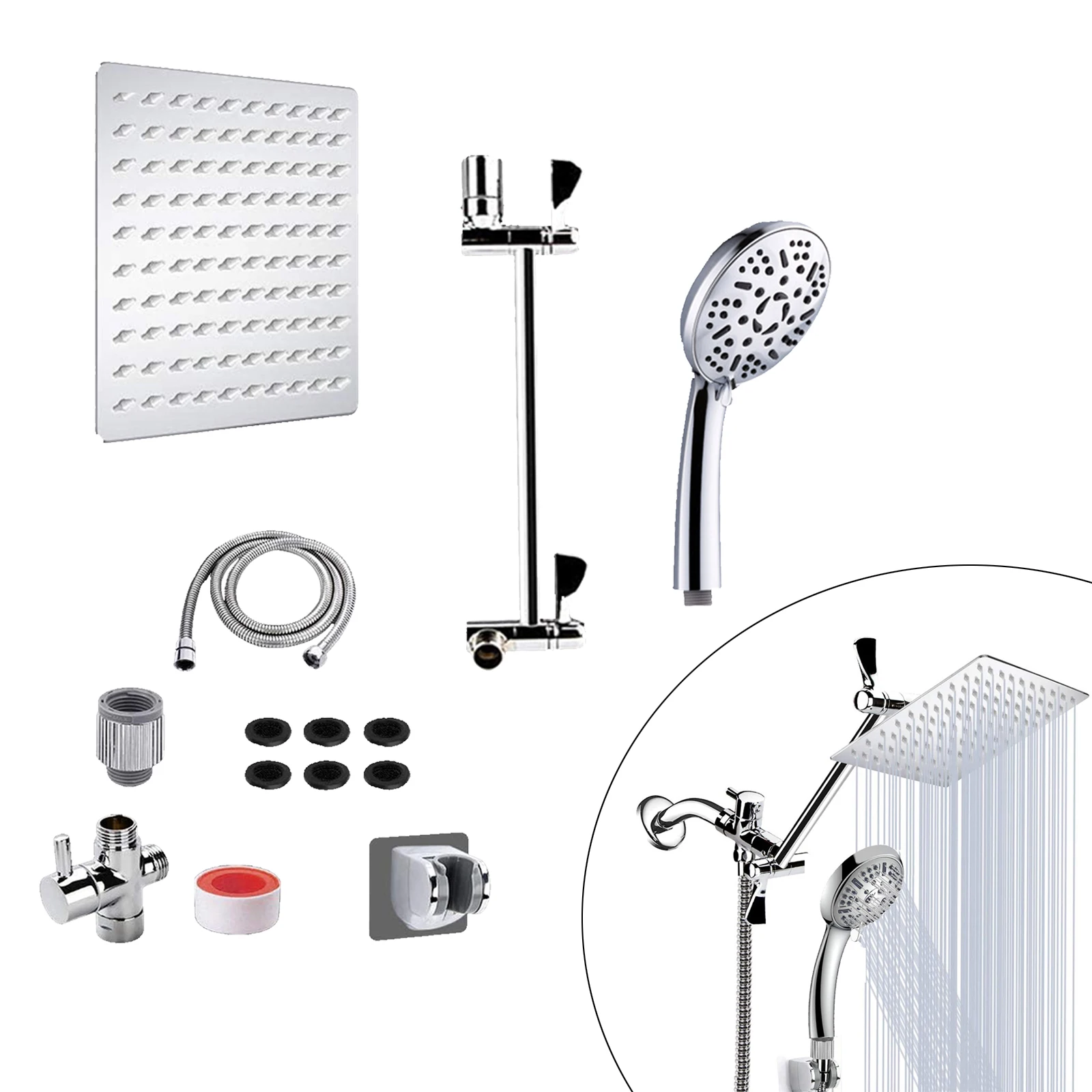 High Pressure Rainfall Combo with Stainless Steel Hose 9 Setting Rain Shower Head and Hand Held Shower Separately or Together 
High Pressure Rainfall Combo with Stainless Steel Hose 9 Setting Rain Shower Head and Hand Held Shower Separately or Together