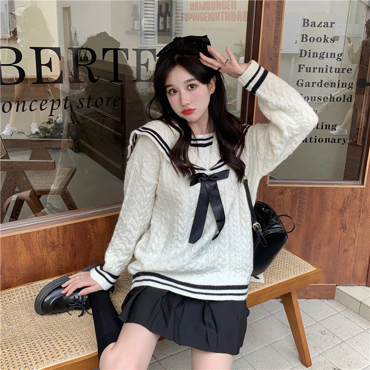 Autumn new college style sailor neck bow temperament long-sleeved knitted sweater women
Autumn new college style sailor neck bow temperament long-sleeved knitted sweater women