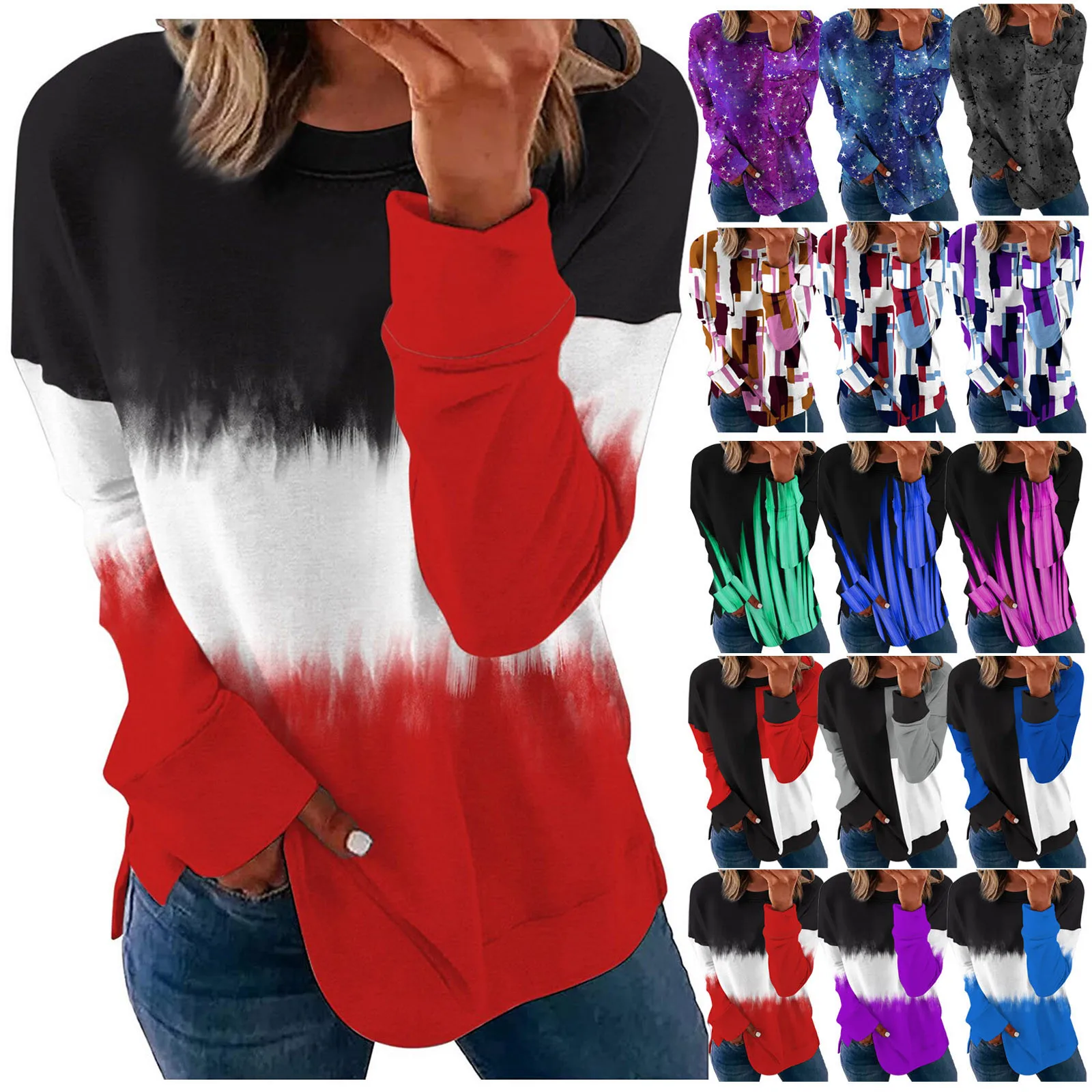 Geometry Stitching Tops Contrast Pullover Woman's Long Blouse Color Print Sleeve Women's T-Shirts
Geometry Stitching Tops Contrast Pullover Woman's Long Blouse Color Print Sleeve Women's T-Shirts