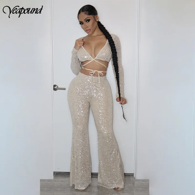 Autumn Women Sequin Two-piece Set Sexy Long Sleeve Deep V-neck Top +flare Pants Outfits High Waist Club Party Women 2 Piece Set
Autumn Women Sequin Two-piece Set Sexy Long Sleeve Deep V-neck Top +flare Pants Outfits High Waist Club Party Women 2 Piece Set