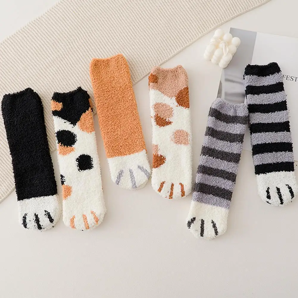 

1 Pair Paw Stripe 3d Socks Cute Funny Thick Girls Claws Animal Sock Cartoon Fingers Coral Plush Sleeping For Warm F K0a2